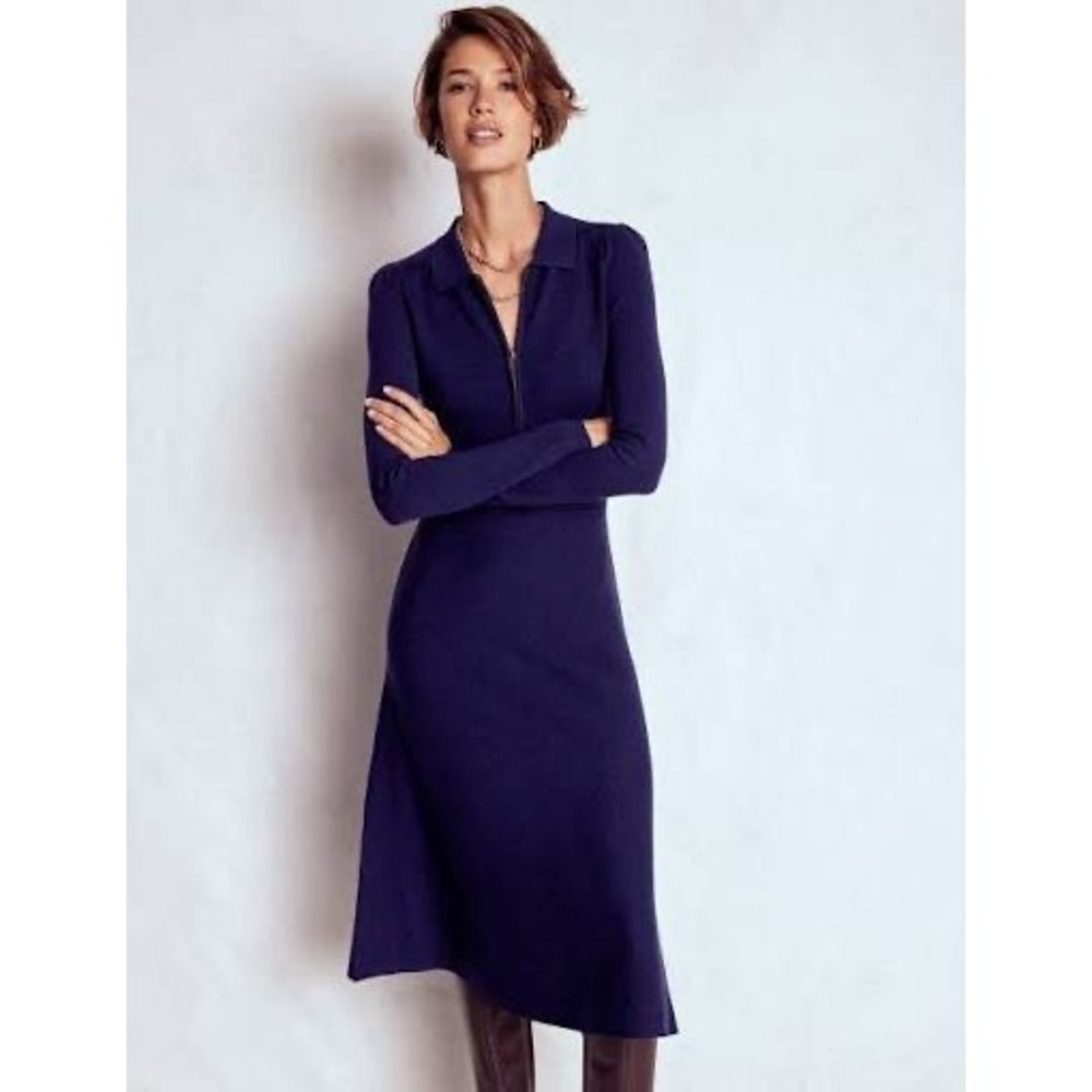 Boden Navy Blue Knit Half Zip Polo Midi Dress Long Sleeve D1457 US 2R NEW